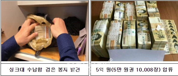 호화생활 혐의 체납자의 집 싱크대에서 발견된 5만원권 현금. 사진=국세청