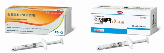 미국(좌)과 한국에서 판매되는 히알루마 패키지. 사진=한미약품