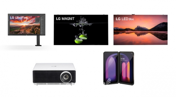 LG 울트라 HD 360 모니터(왼쪽 상단부터 시계방향), 마이크로LED 사이니지 LG 매그니트, LED 사이니지 LG LED 블록, LG V60 ThinQ 5G, 상업용 프로젝터 LG 프로빔. 사진=LG전자