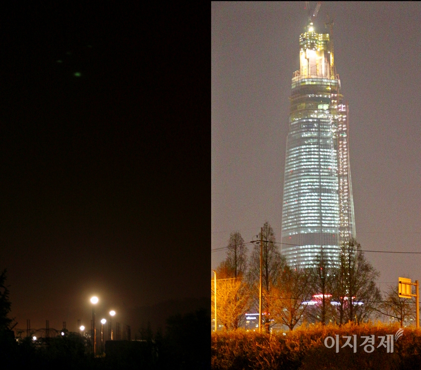 서울 잠실 제2 롯데타워. (오른쪽부터)전기를 모두 소등한 모습과 2017년 건설 당시 모습. 사진=정수남 기자