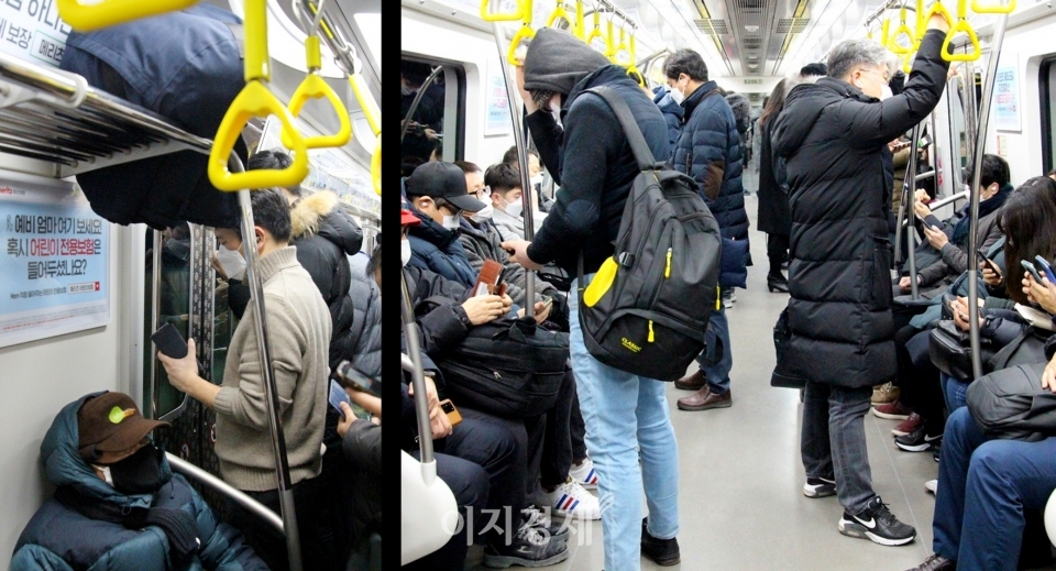 (왼쪽부터)서울지하철 9호선. 30대 남성은 외투를 벗어 선반 위에 올렸고, 노약자석에 앉은 노인과 객차 안 승객들은 여전히 겨울 옷 차림이다. 사진=김보람 기자