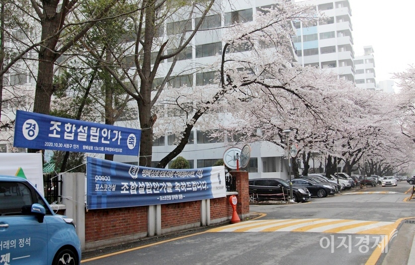 서울 서초구 삼호아파트 단지를 관통하는 도로 양옆에 벚꽃이 만개했다. 포스코건이 재건축 조합 발족을 축하하는 현수막을 걸었다. 사진=양지훈 기자