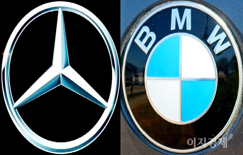 국내 수입차 업계 만년 2위인 BMW그룹코리아가 업계 1위인 베르세데스-벤츠코리아를 잡기 위해 서울 삼성동 SM타운에 입성했다. (왼쪽부터)벤츠와 BMW엠블럼. 사진=정수남 기자