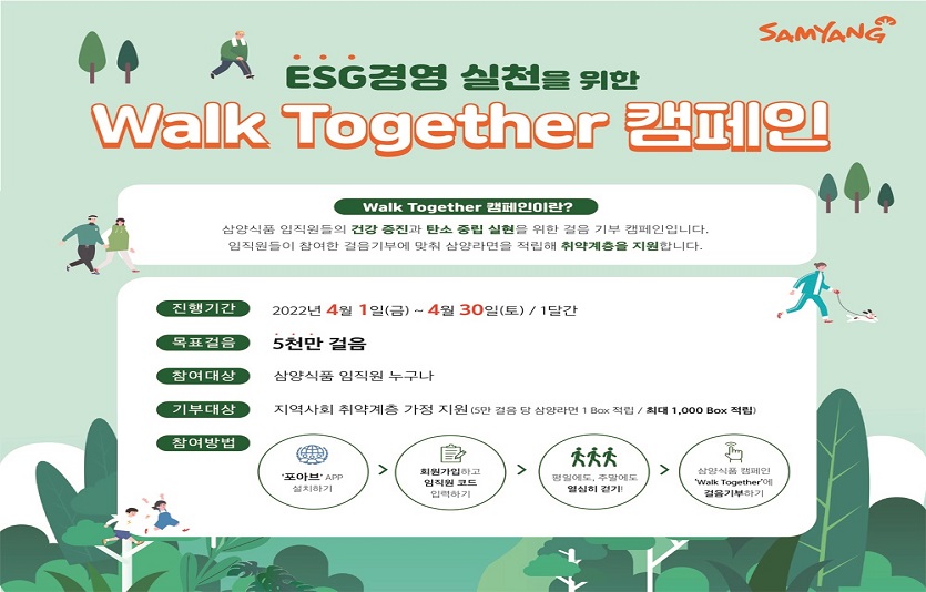 삼양식품이 임직원들의 걸음수만큼 기부하는 'Walk Together' 캠페인을 4월 한달간 진행한다. 사진=삼양식품