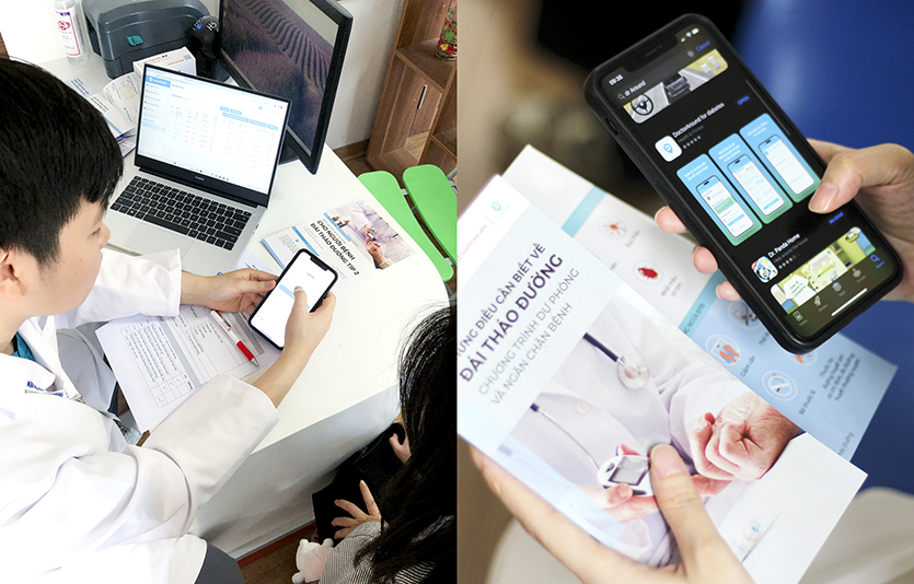 베트남 하노이의대병원에서 의료진이 KT의 비대면 케어 서비스 앱 ‘닥터어라운드’ 사용법을 환자들에게 설명하고 있다. 사진=KT
